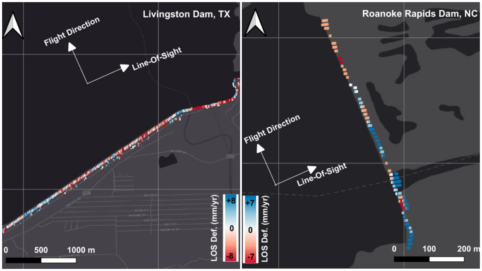 Satellite images showing sinking and rising at Livingston Dam in Texas and Roanoke Rapids Dam in North Carolina.