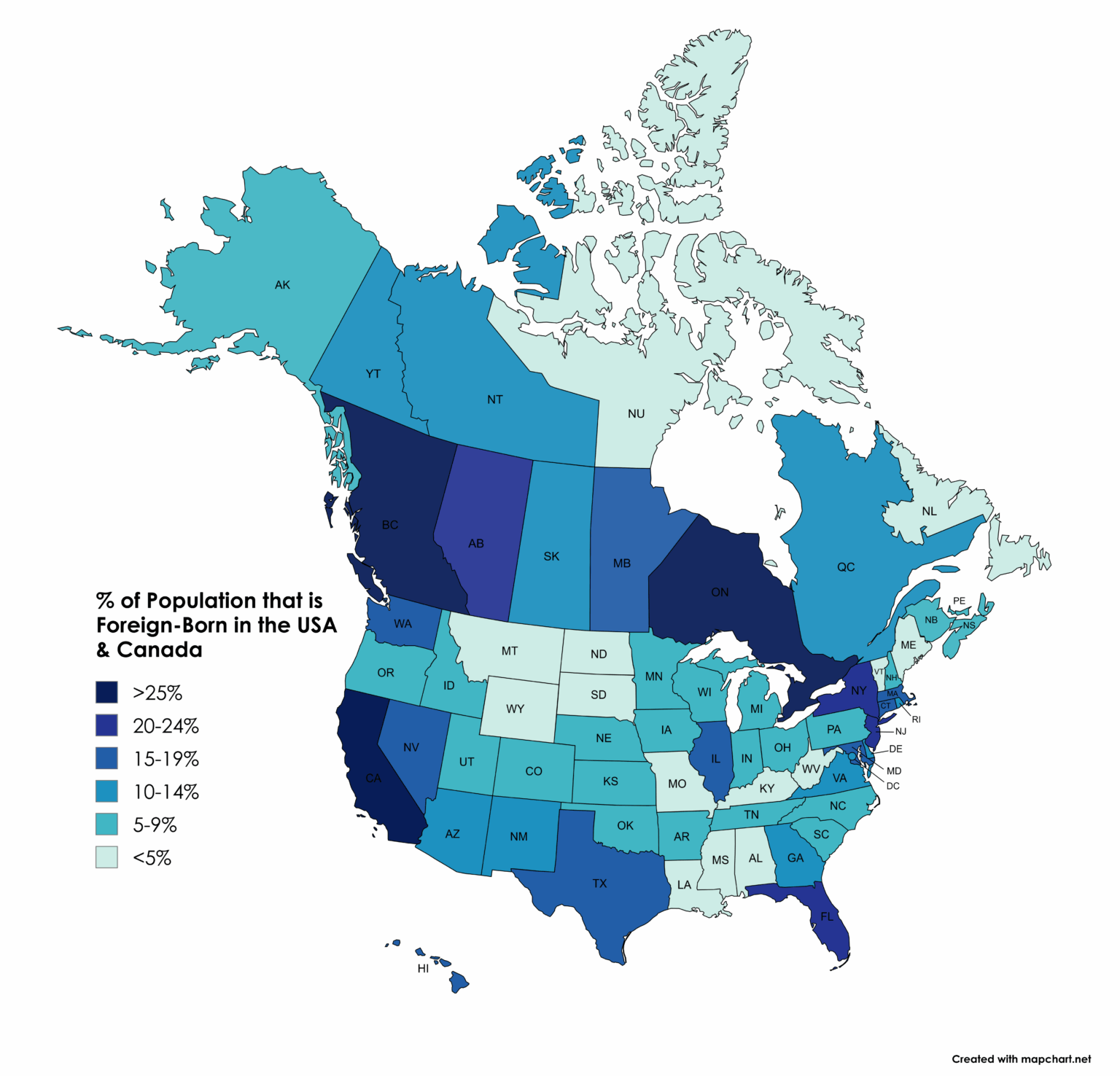 Percentage of Population that is Foreign-Born in the USA & Canada [OC]