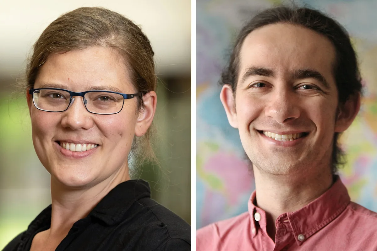 Emily Grubert, a woman with light brown hair, blue glasses, and a black shirt smiles. Beside her, Joshua Lappen, a man with dark hair in a pink collared shirt smiles against a blurred, colorful map background.