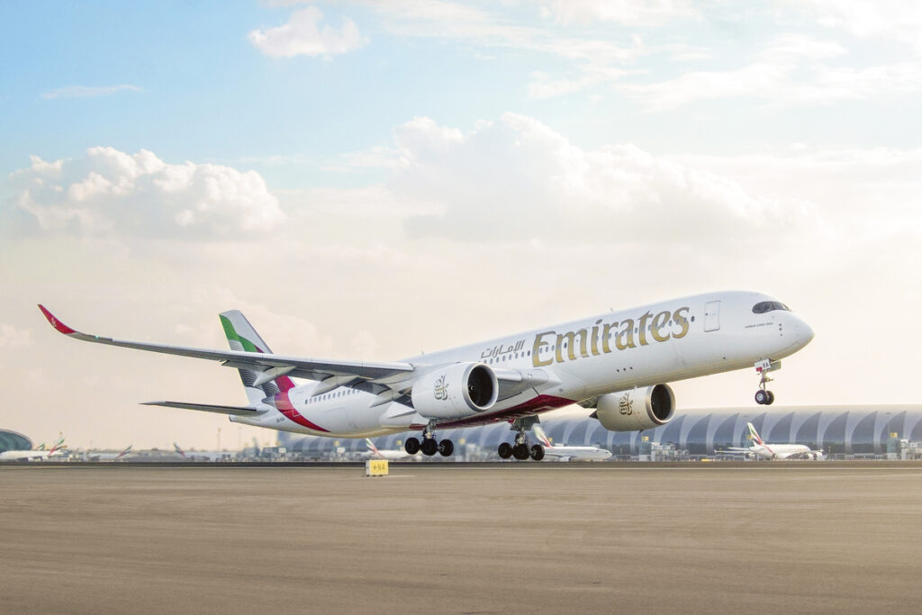 An Emirates Airbus A350 takes off.