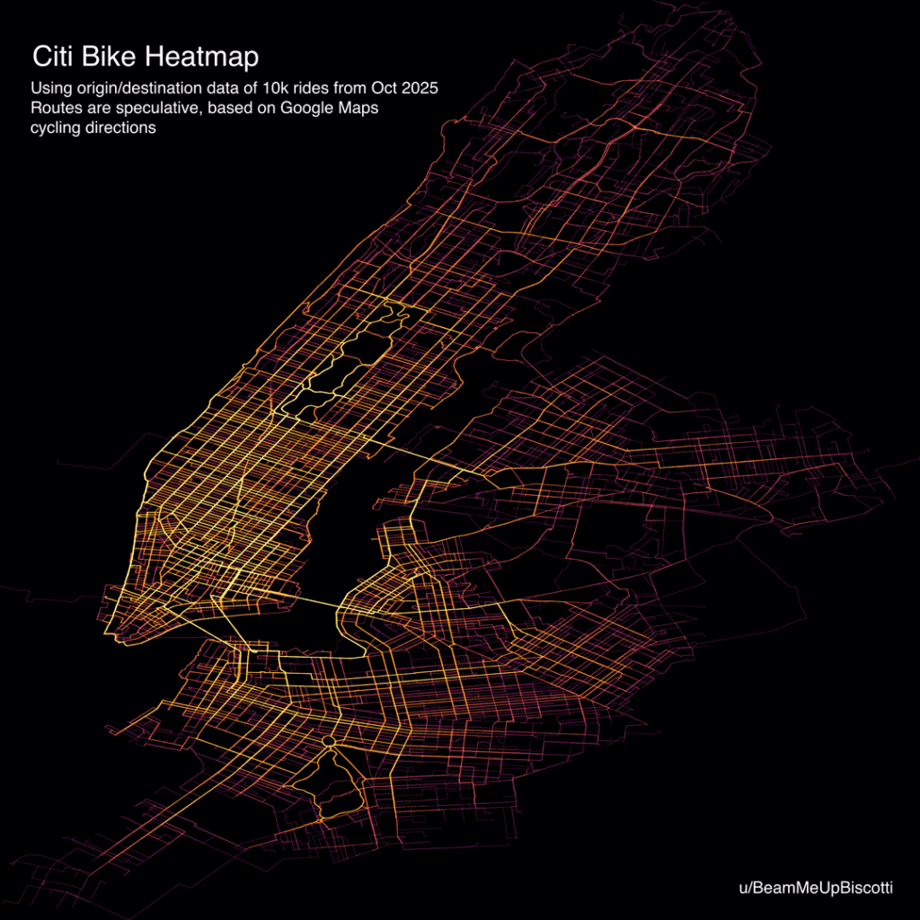 [OC] Citi Bike Rides Visualized as a Strava-style Heatmap