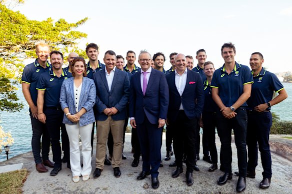 Wells and Prime Minister Anthony Albanese with the Australian men’s cricket team at Kirribilli House in January 2025.