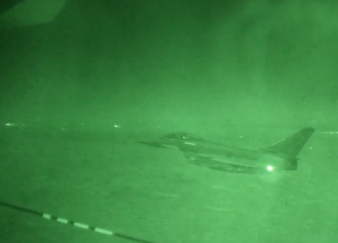 Screenshot from a video published on X on January 3, 2026, by the British Ministry of Defence, showing, according to the ministry, a Royal Air Force aircraft participating in strikes in Syria.