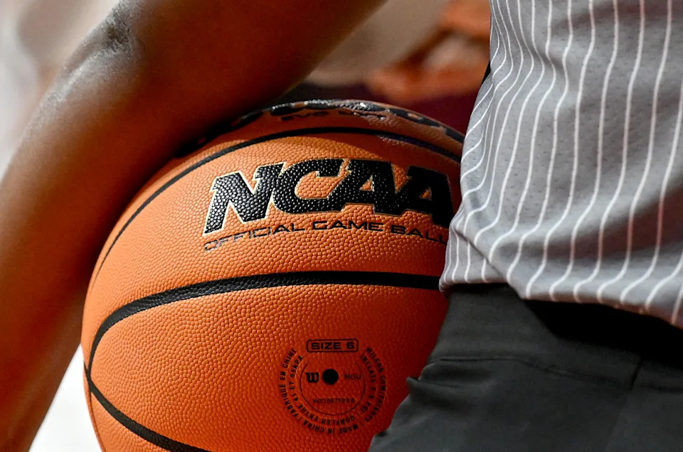 COLLEGE PARK, MARYLAND - JANUARY 04: A view of the NCAA logo on a basketball during the game between the Maryland Terrapins and the Indiana Hoosiers at Xfinity Center on January 04, 2026 in College Park, Maryland. (Photo by G Fiume/Getty Images)
