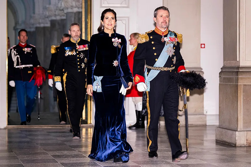 Queen Mary of Denmark wears a design by Jesper Hovring at the New Year's Court for the Diplomatic Corps at Christiansborg Palace on Jan. 5 in Copenhagen, Denmark.