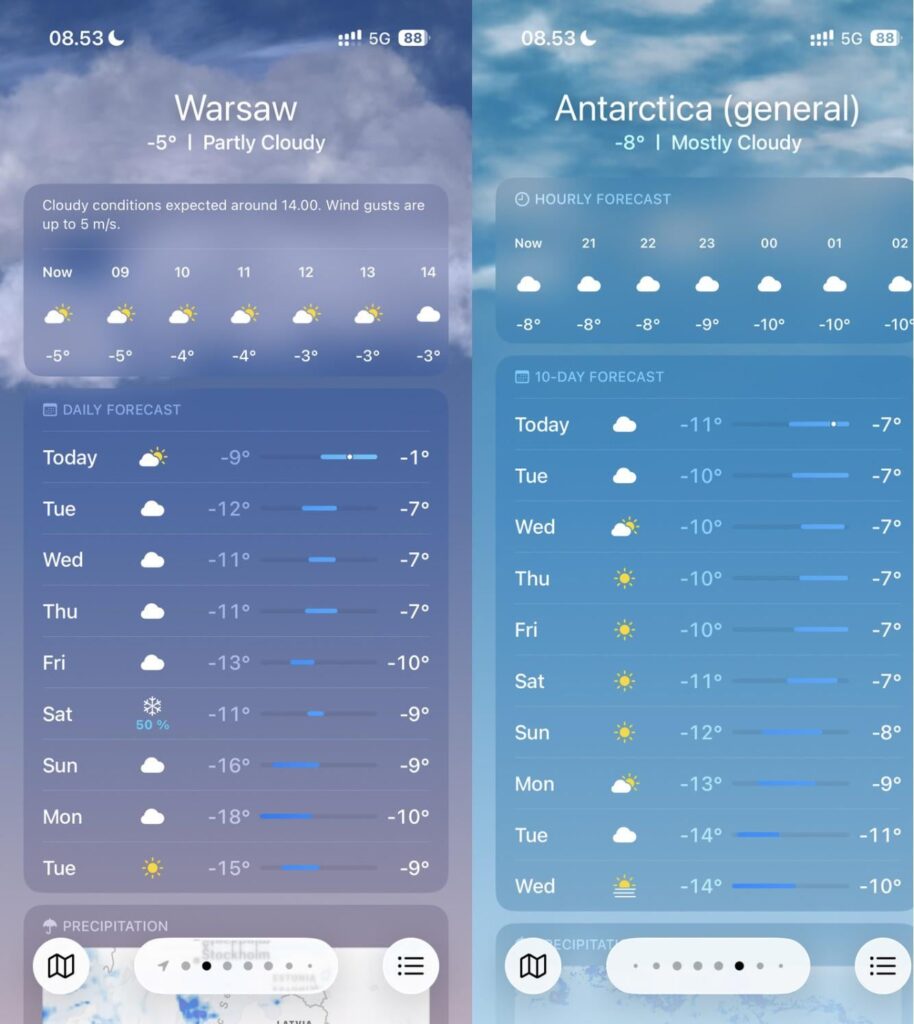 This week’s temperatures in Warsaw vs Antarctica