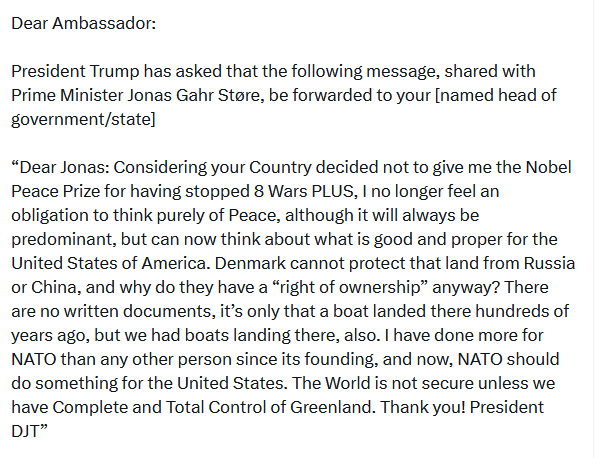 Letter from Trump to the Prime Minister of Norway