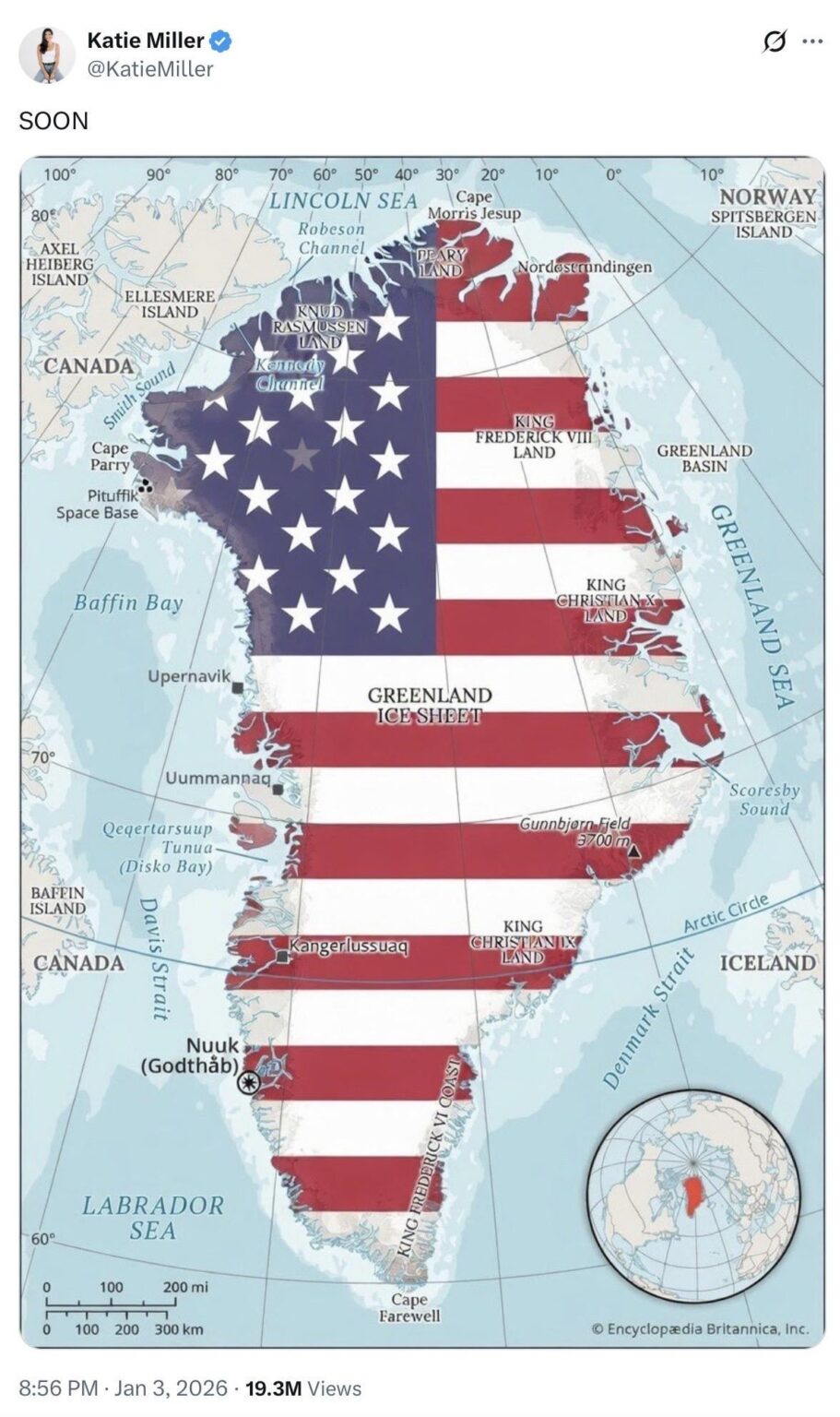 Denmark protests after the wife of President Trump's most influential advisor posted an image of Greenland painted in the colors of the US flag and the words "SOON"