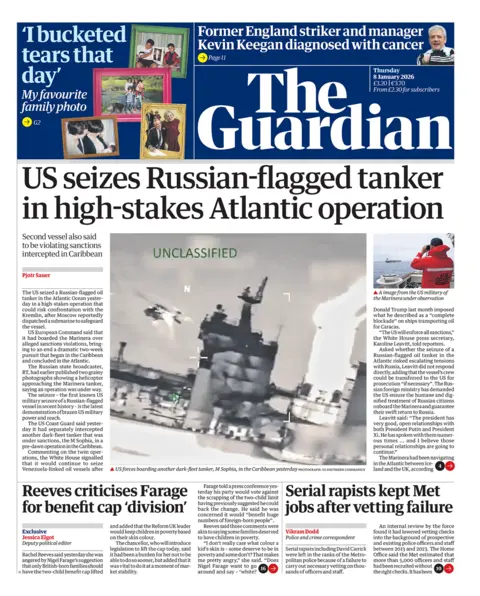 "US seizes Russian-flagged tanker in high-stakes Atlantic operation" reads the headline on the front page of the Guardian.