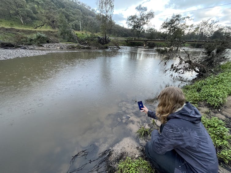 woman by side of creek using citizen science app on phone.