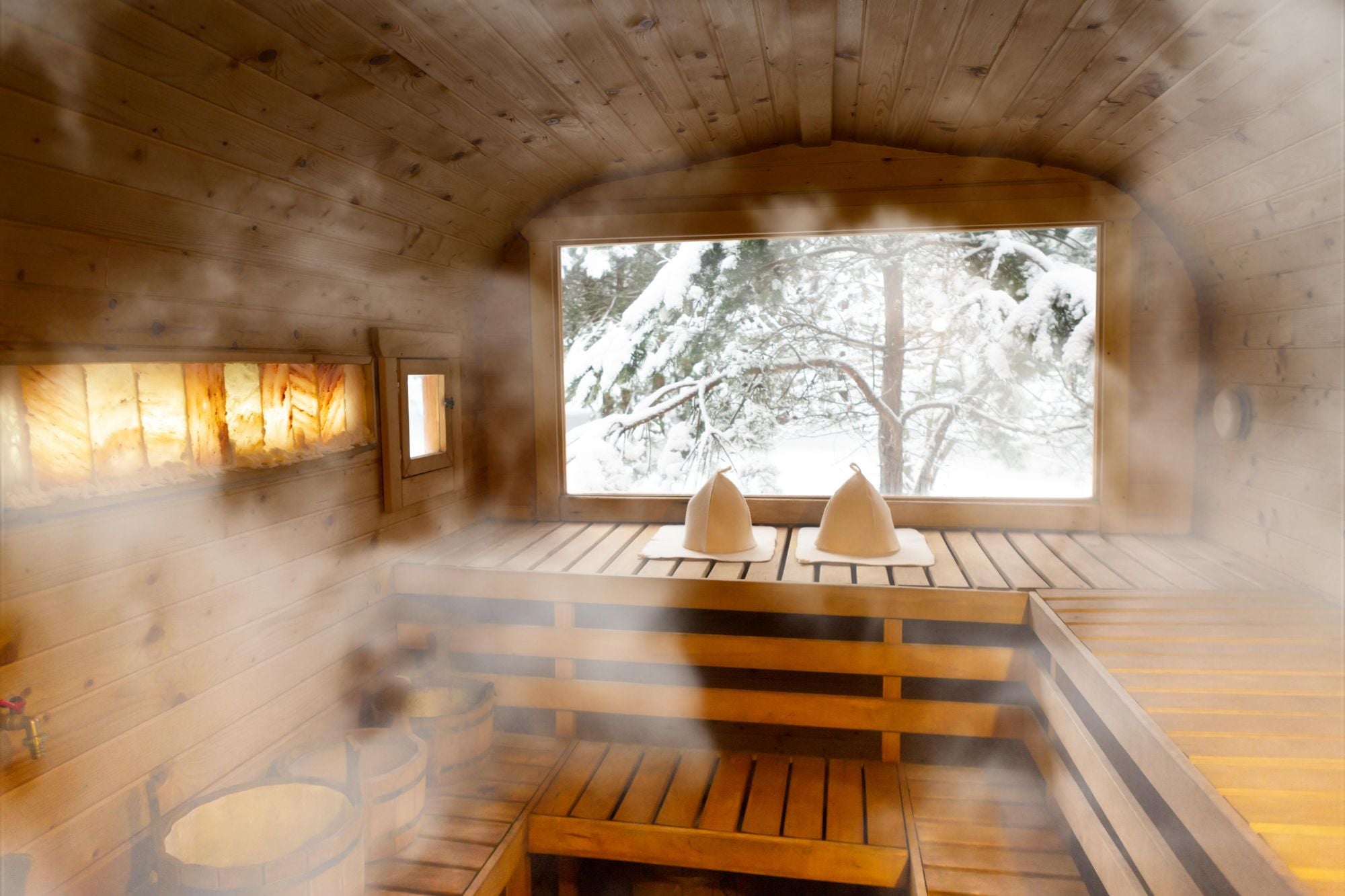 The steamy interior of a sauna. Photo: Getty.