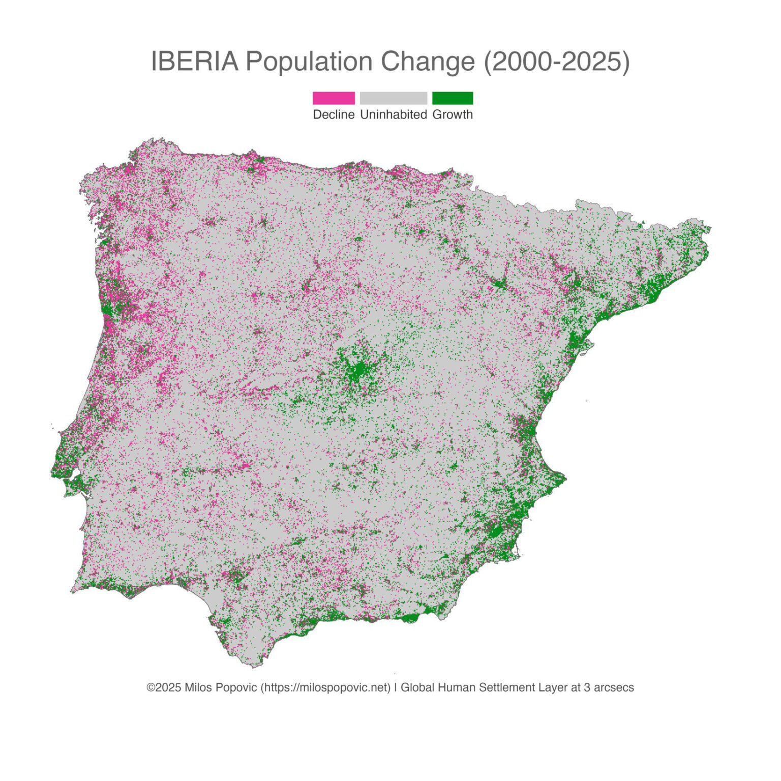 Change in the population of the Iberian Peninsula in 25 years