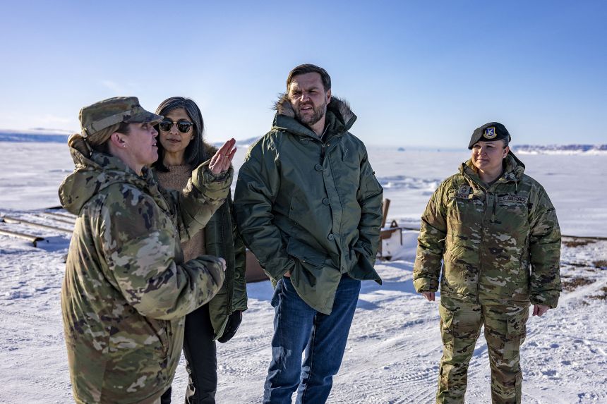 US Vice President JD Vance (2R) and Second Lady Usha Vance (2L) tour the US military's Pituffik Space Base in Greenland on March 28, 2025.