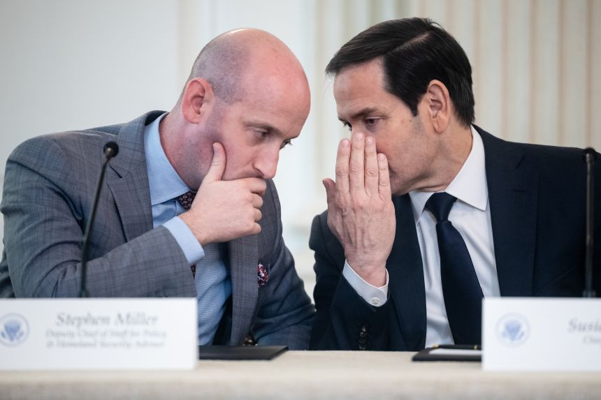 Stephen Miller, deputy White House chief of staff for policy, left, and Marco Rubio, US secretary of state, during a roundtable on Antifa in the State Dining Room of the White House in Washington DC, on  October 8, 2025.