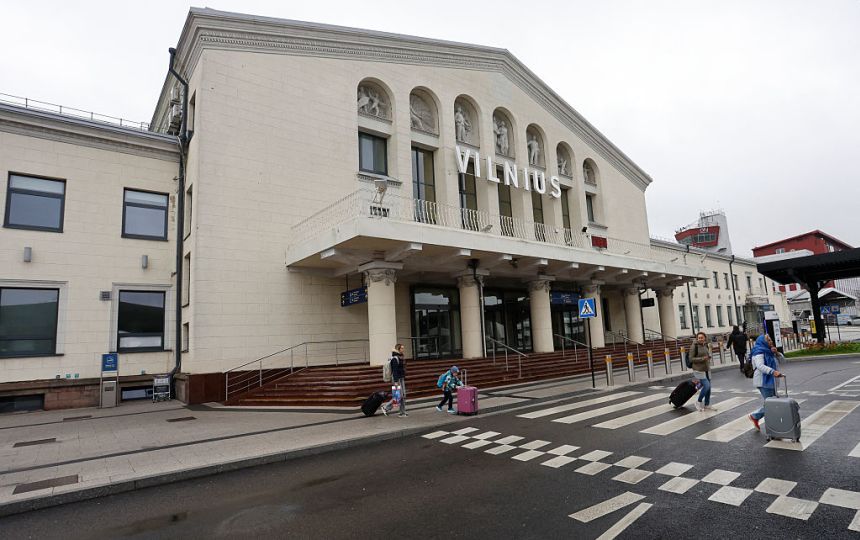 Travelers in front of the airport in Vilnius, Lithuania, on October 28.