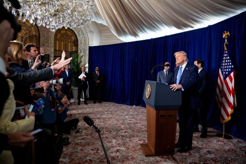 US President Donald Trump speaks during a news conference at the Mar-a-Lago in Palm Beach, Florida, on January 3, 2026.