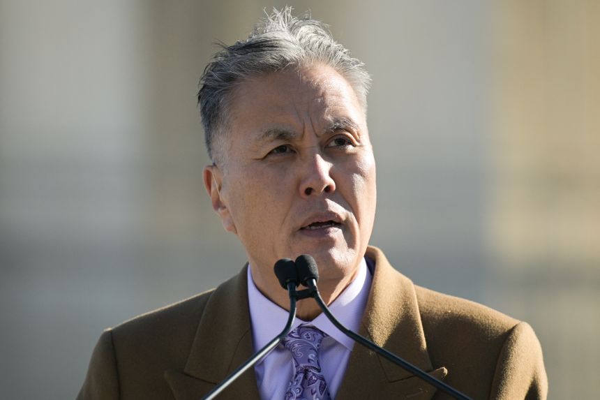 Rep. Mark Takano speaks outside the US Supreme Court on January 13, in Washington, DC.