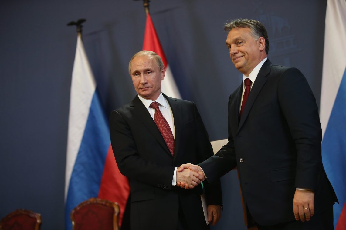 Feb. 17, 2015: Russian President Vladimir Putin and Hungarian Prime Minister Viktor Orban shake hands after addressing the media at Parliament in Budapest, Hungary.