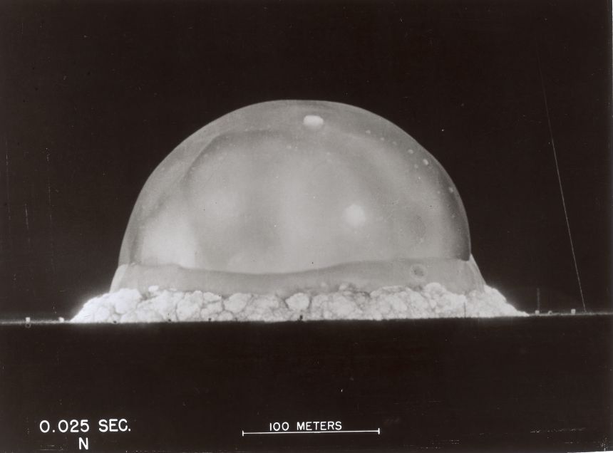 The first nuclear test, codenamed 'Trinity', conducted by Los Alamos National Laboratory at Alamogordo, New Mexico, circa 1945.
