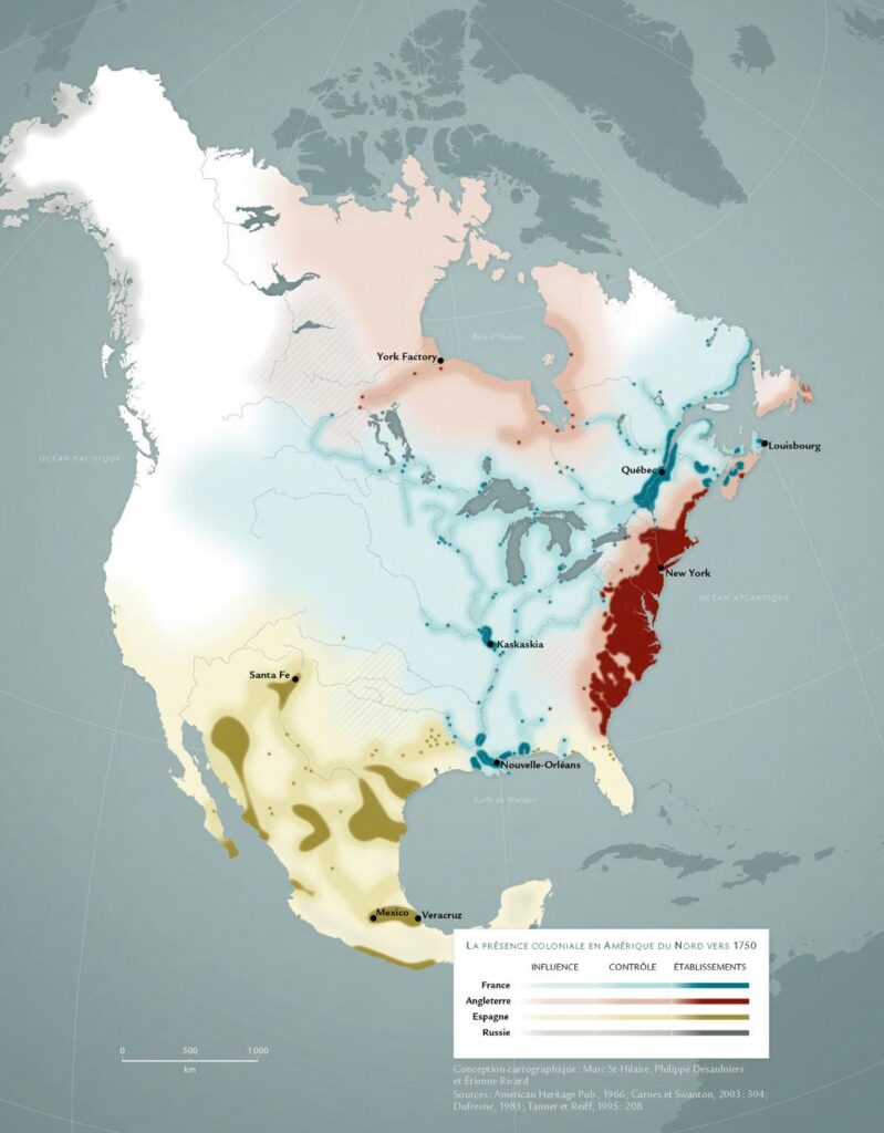 Approximate map of colonial control in North America in 1750