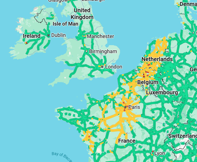 Google Maps as a reference of where it is currently snowing in Western Europe