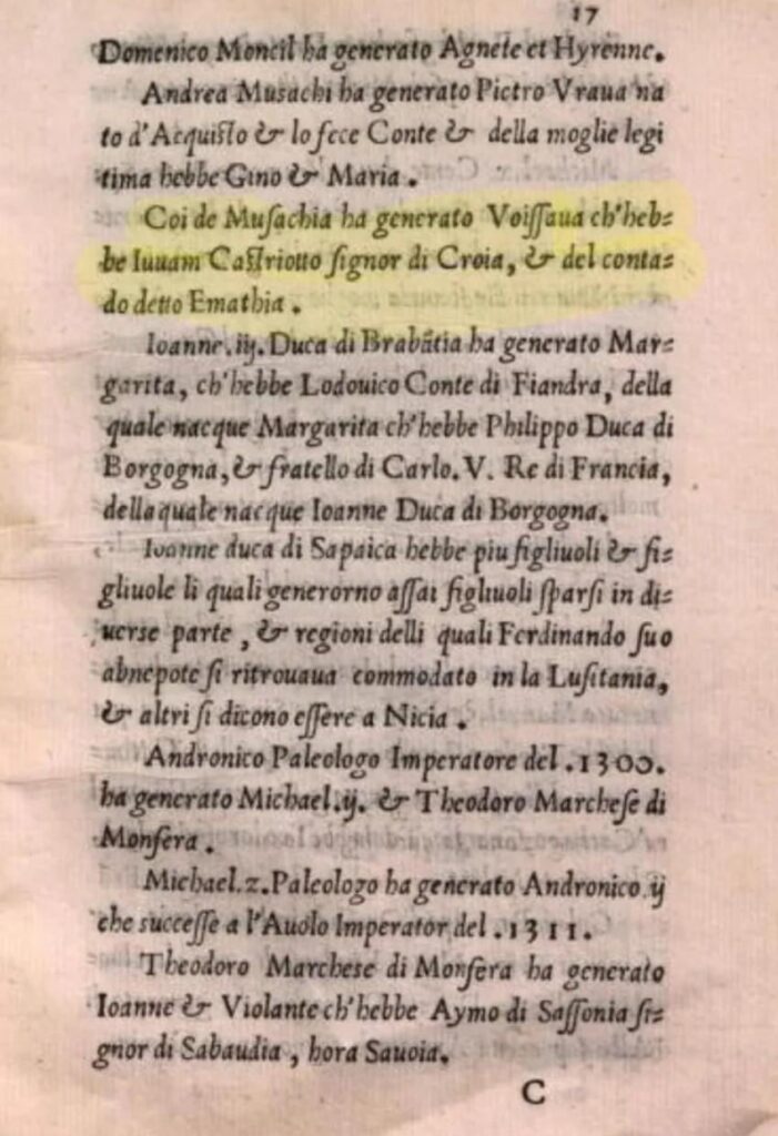 The only document that mentions which noble family Skenderbeu's mother came from is found in the book "Genealogy", written by Andrea Comneno in 1555, where it is said that Voisava came from the Muzaka family.