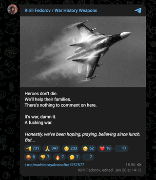 Russian telegram channels report loss of Su-34 over Kursk and a Su-30 over the Black Sea. Pilots died