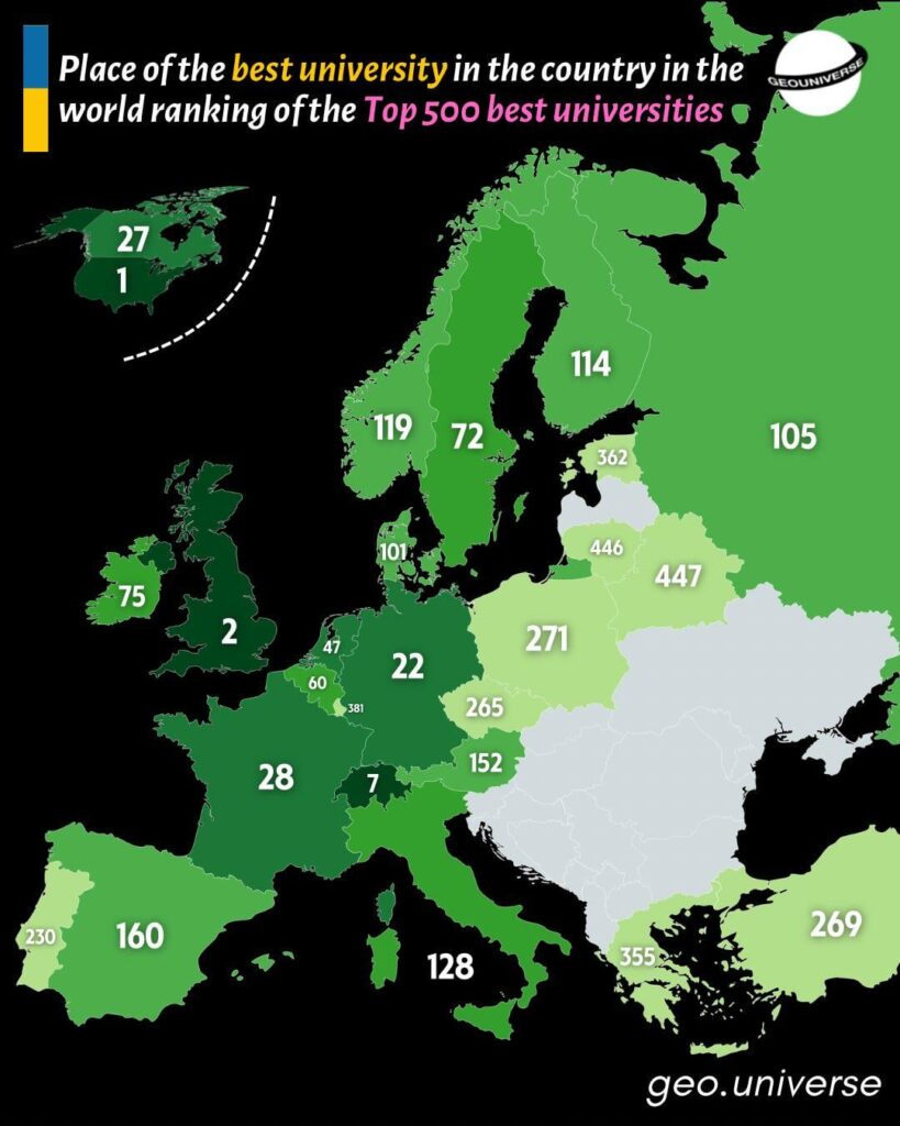 Place of the best university in the country in the world ranking of the Top 500 best universities