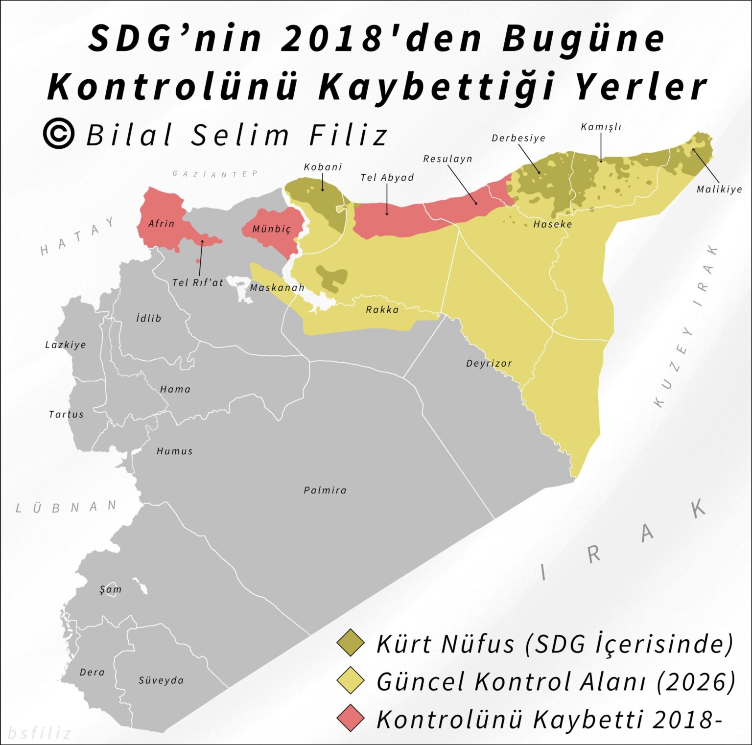 The areas lost by the SDF in Syria since 2018 are the area it currently controls (yellow) and the Kurdish-majority areas within this area (dark yellow).