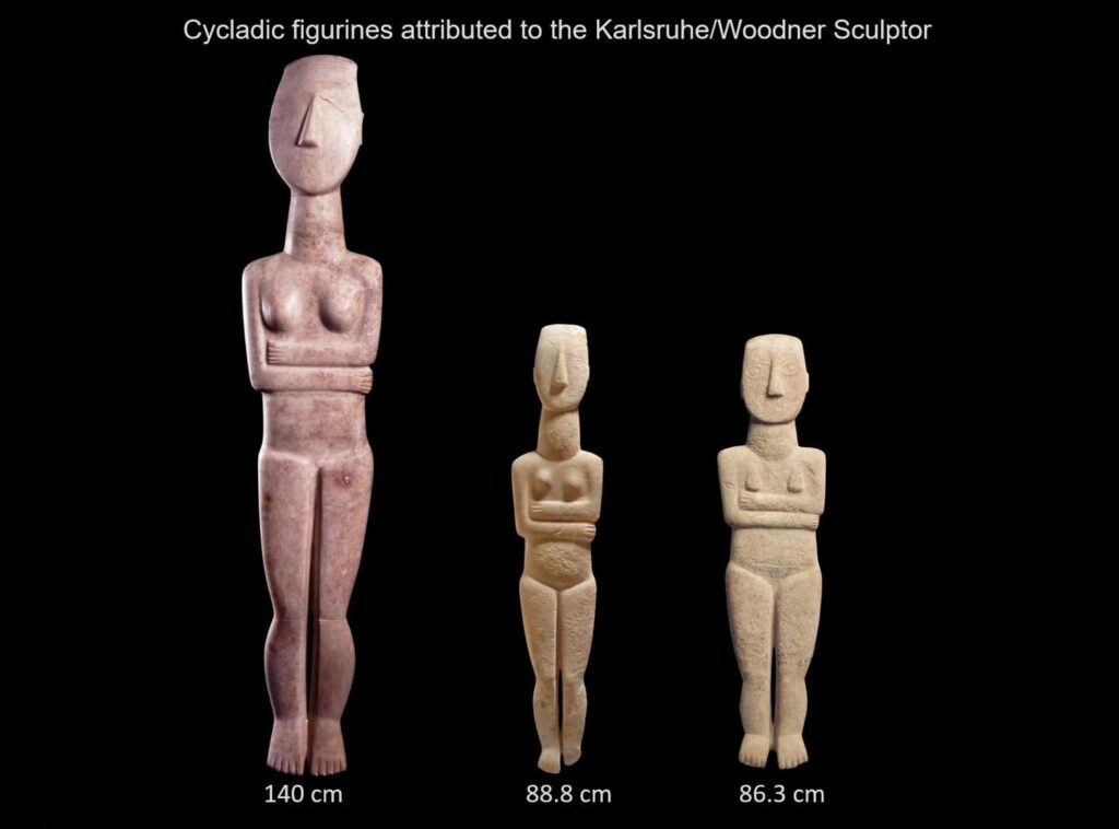 3 Cycladic marble female figurines, regular type - Early Spade variant. attributed to Sculptor Karlsruhe/Woodner (by Pat Getz-Gentle). Proto-Cycladic II period, c. 2700 – 2300 BC. (1500x1110)