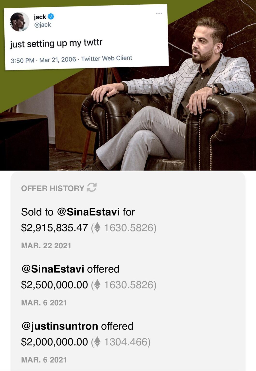 This dude back in 2021 bought the NFT of the first tweet in history for $2.9M calling it digital Mona Lisa and now it’s worth $10.