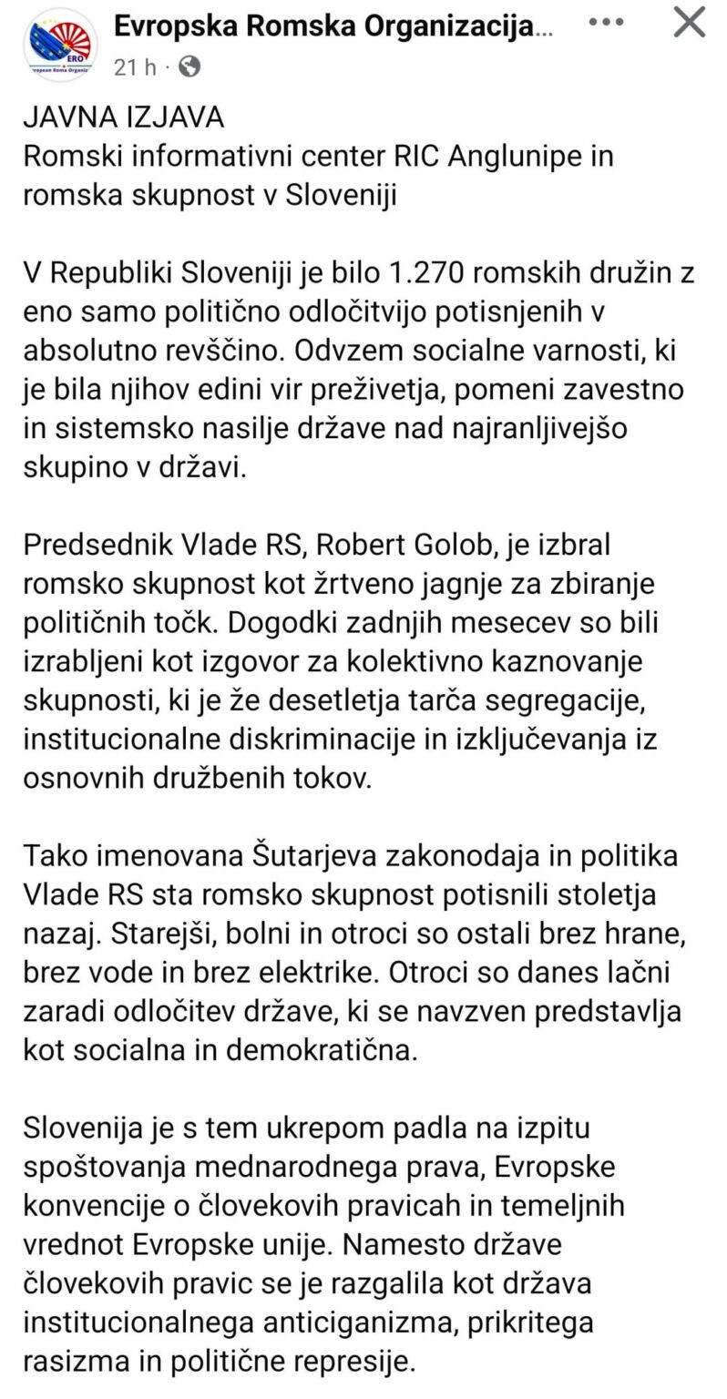 Statement of the Roma community in Slovenia