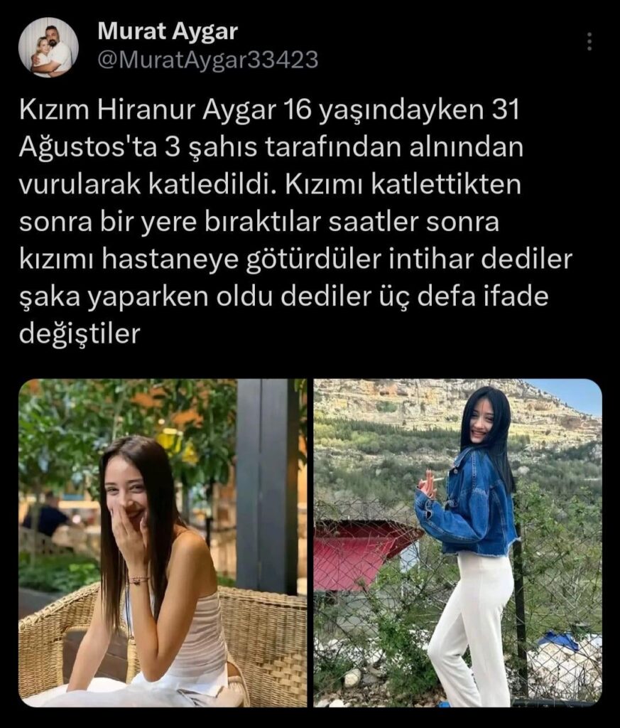 16-year-old Hiranur Aygar was shot in the forehead and murdered by 3 people in the car.