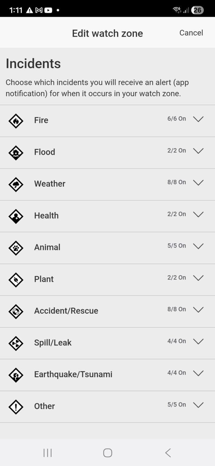 Alerting in Vic Emergency - not set to all by default