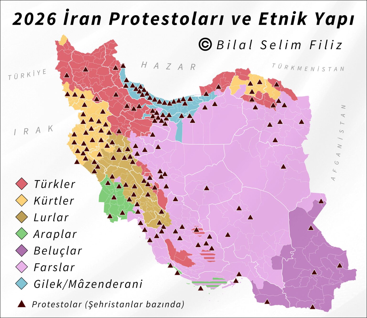 2026 Iran Protests and Ethnic Structure - Shahistan/districts where protests took place in the last 2 weeks and the largest ethnic groups in Iranian districts.