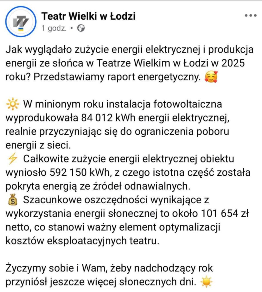 The Grand Theater in Łódź boasts that thanks to photovoltaics it saved approximately PLN 100,000. PLN in 2025.