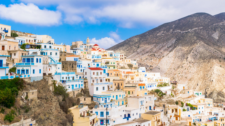 Olympos village white buildings on mountaintop Karpathos