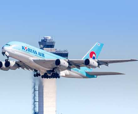 Korean Air Airbus A380 departing New York John F Kennedy International Airport JFK shutterstock_1674484711