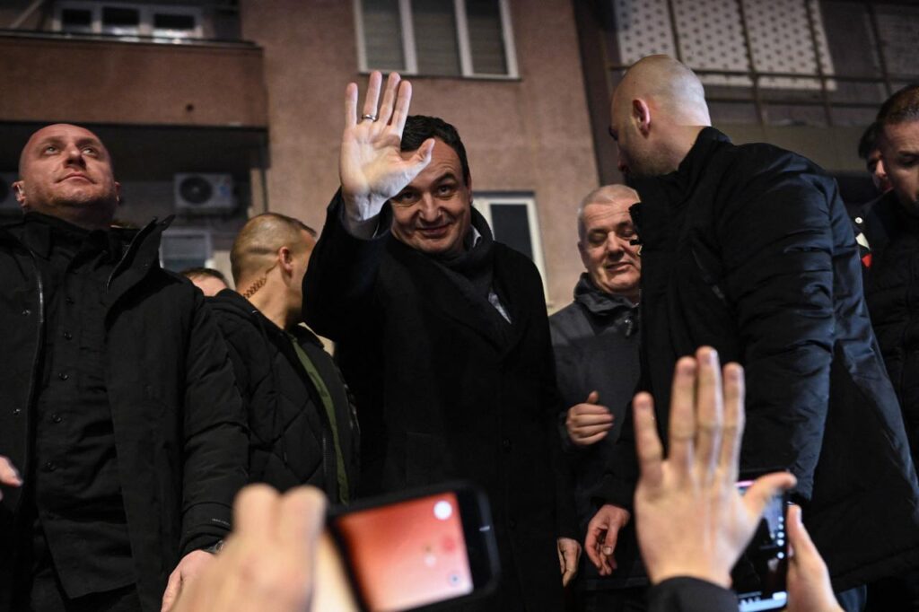 Kosovo’s acting Prime Minister and leader of the Vetevendosje Movement (LVV), Albin Kurti, celebrates election results with supporters in Pristina on December 28, 2025. (AFP Photo)