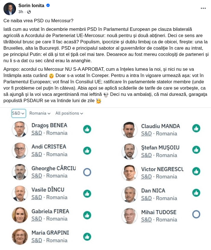 This is how PSD members in the European Parliament voted in December on the bilateral agricultural clause of the EU-Mercosur Partnership Agreement: nine in favor and two abstentions. Populism, hypocrisy and double language as usual