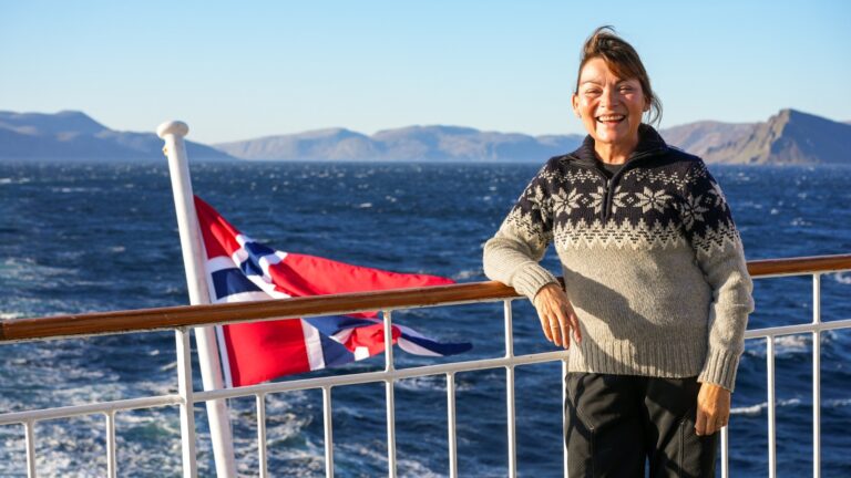 Lorraine Kelly on a Hurtigruten ship along the coast of Norway. Photo: Captive Minds.