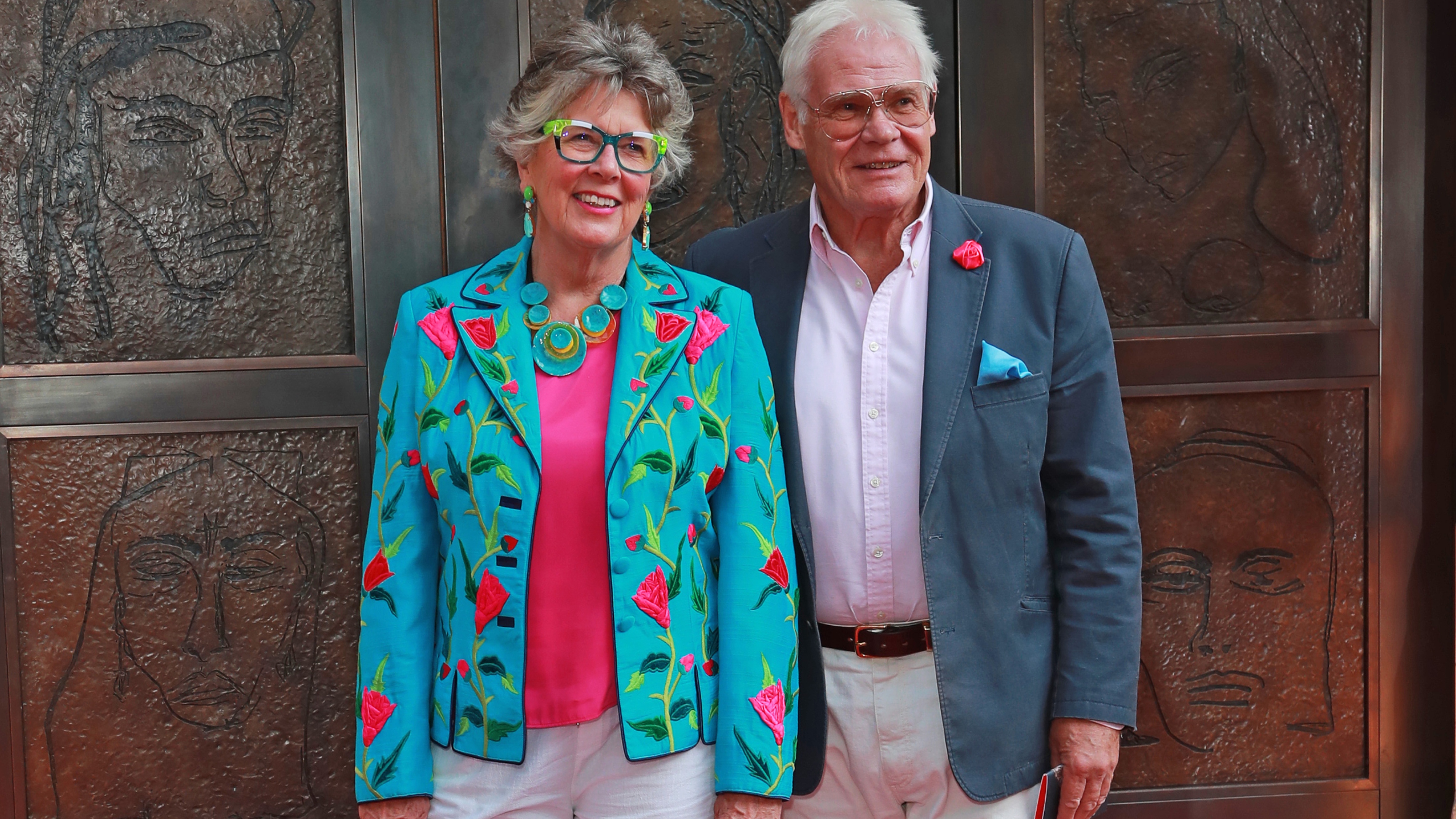 Prue Leith and John Playfair attend the National Portrait Gallery's reopening in front of "The Doors" (2023), a new commission by Tracey Emin CBE RA, on June 20, 2023 in London, England. The 45 portraits of women that feature on the new doors were commissioned especially for the Gallery's new entrance as part of its major transformation. (Photo by Dave Benett/Getty Images for The National Portrait Gallery)