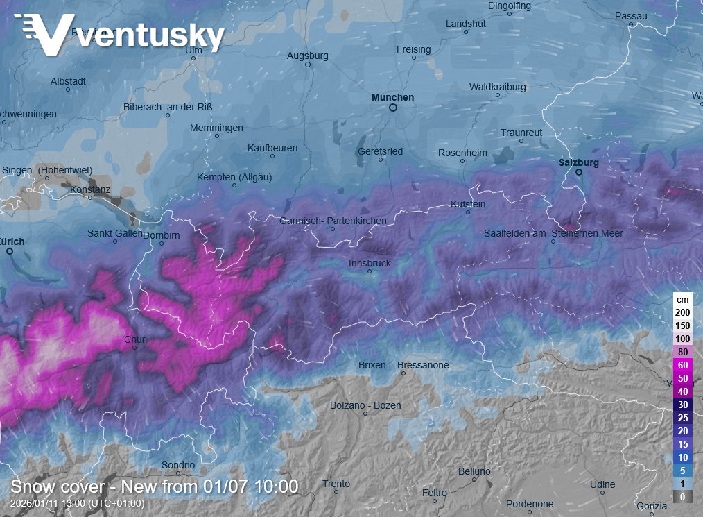 New snow cover in the Alps by the end of the week - often around 20 cm, in the east up to 50 cm.