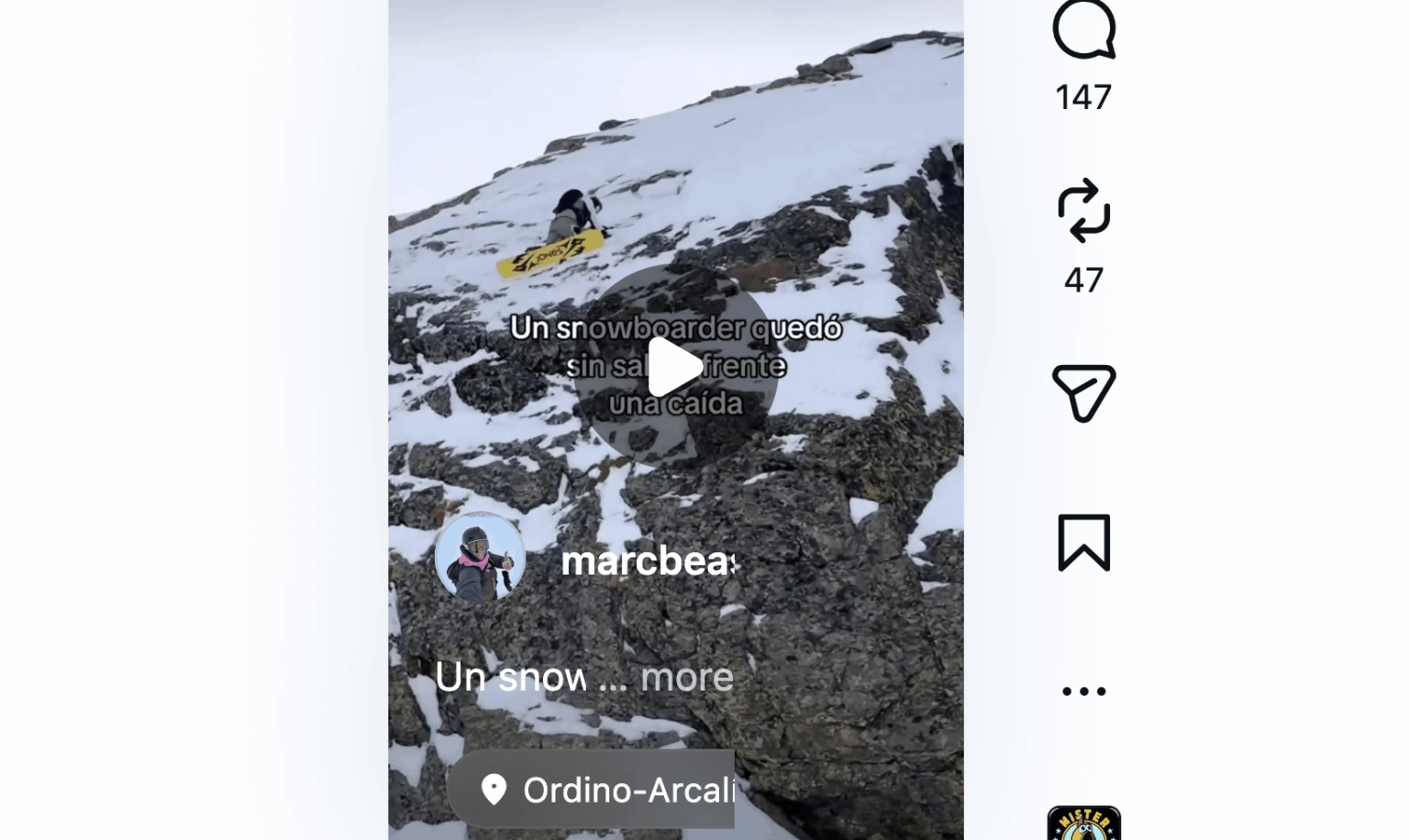 The video of the off-piste rescue in Ordino-Arcalís of a snowboarder trapped in front of a fall on the rocks