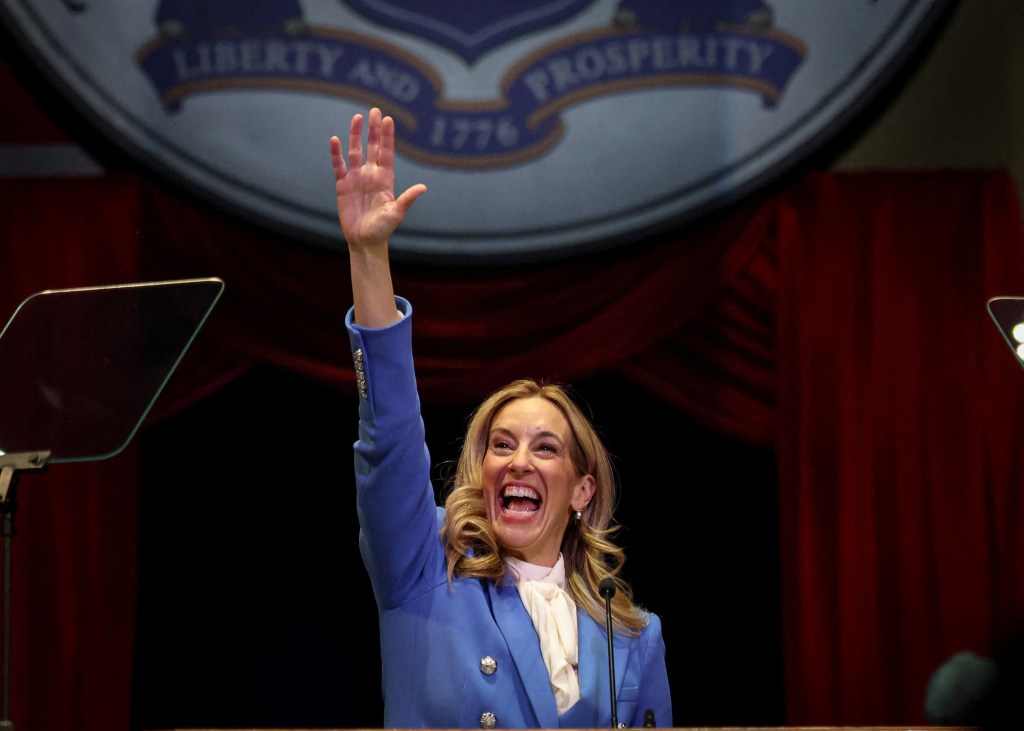New Jersey Governor Mikie Sherrill waves to the crowd during her inauguration ceremony.