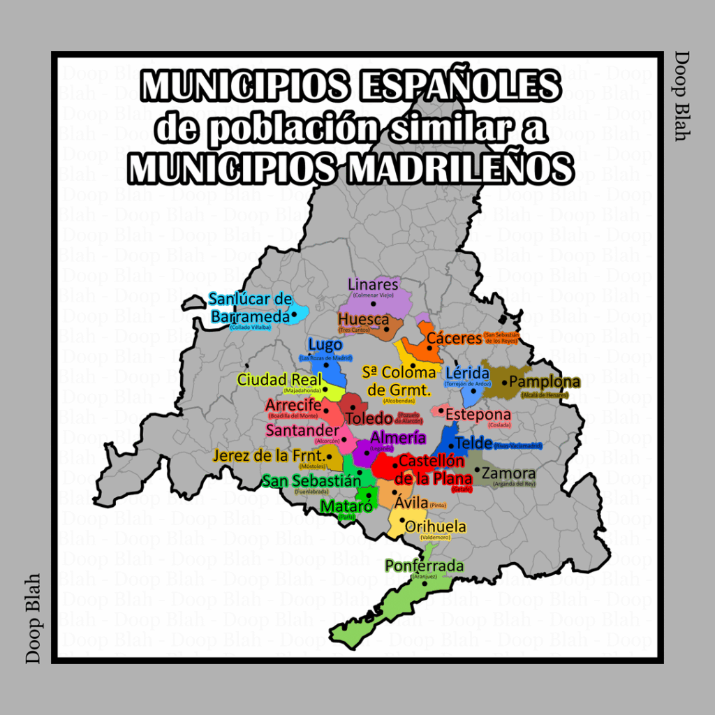 Map of municipalities in the Community of Madrid compared to other Spanish cities by population