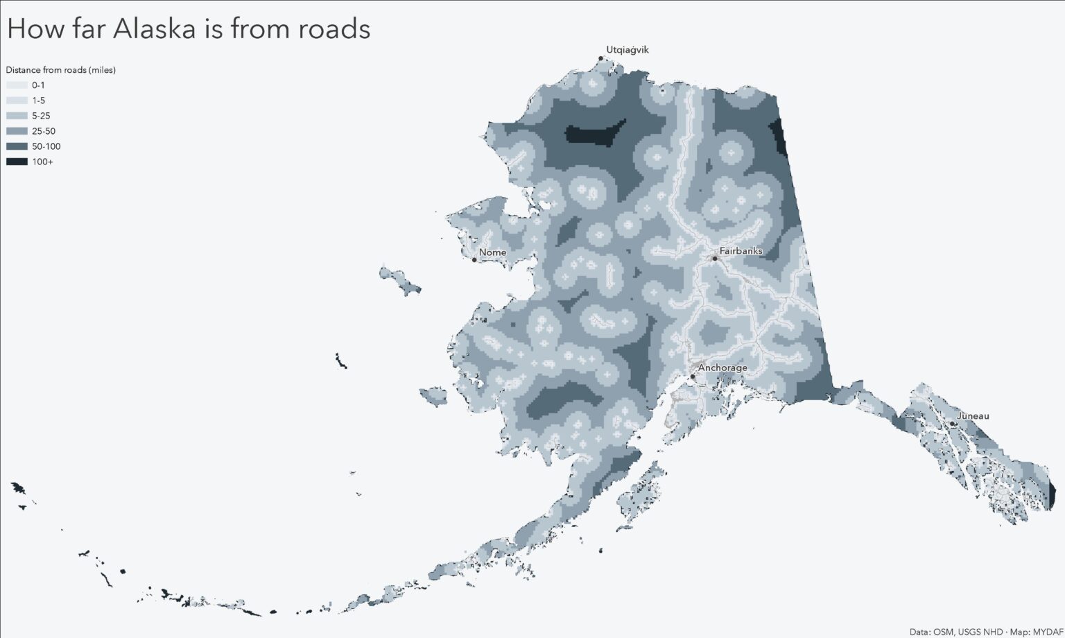 [OC] Distance to the nearest road in Alaska