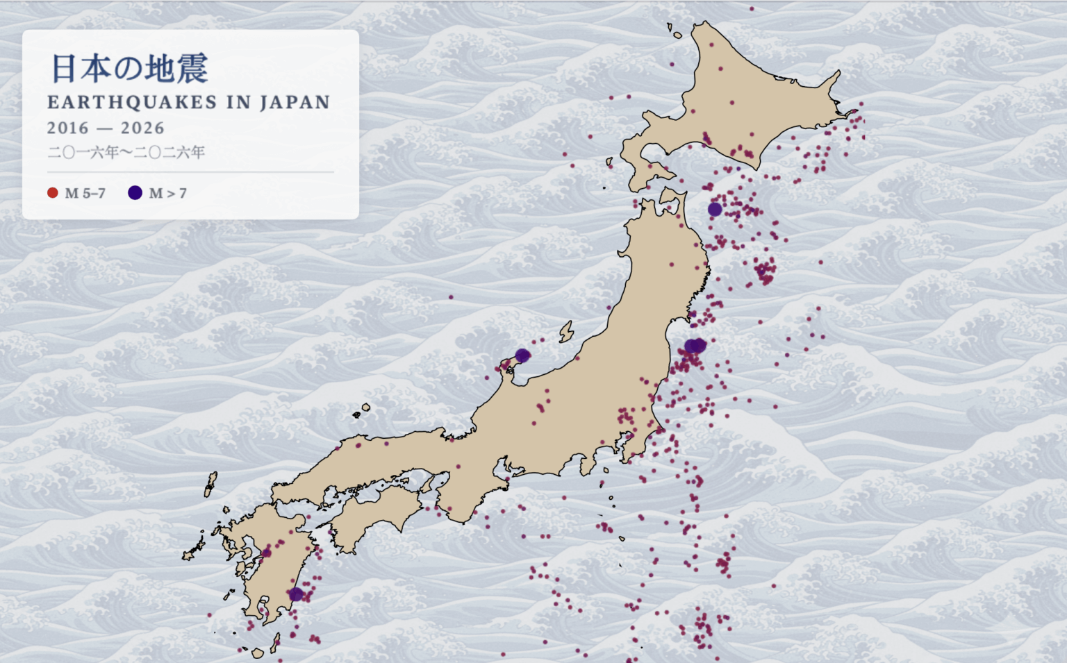 Map of Mag 5+ Earthquakes in Japan (last 10 years) - [OC]