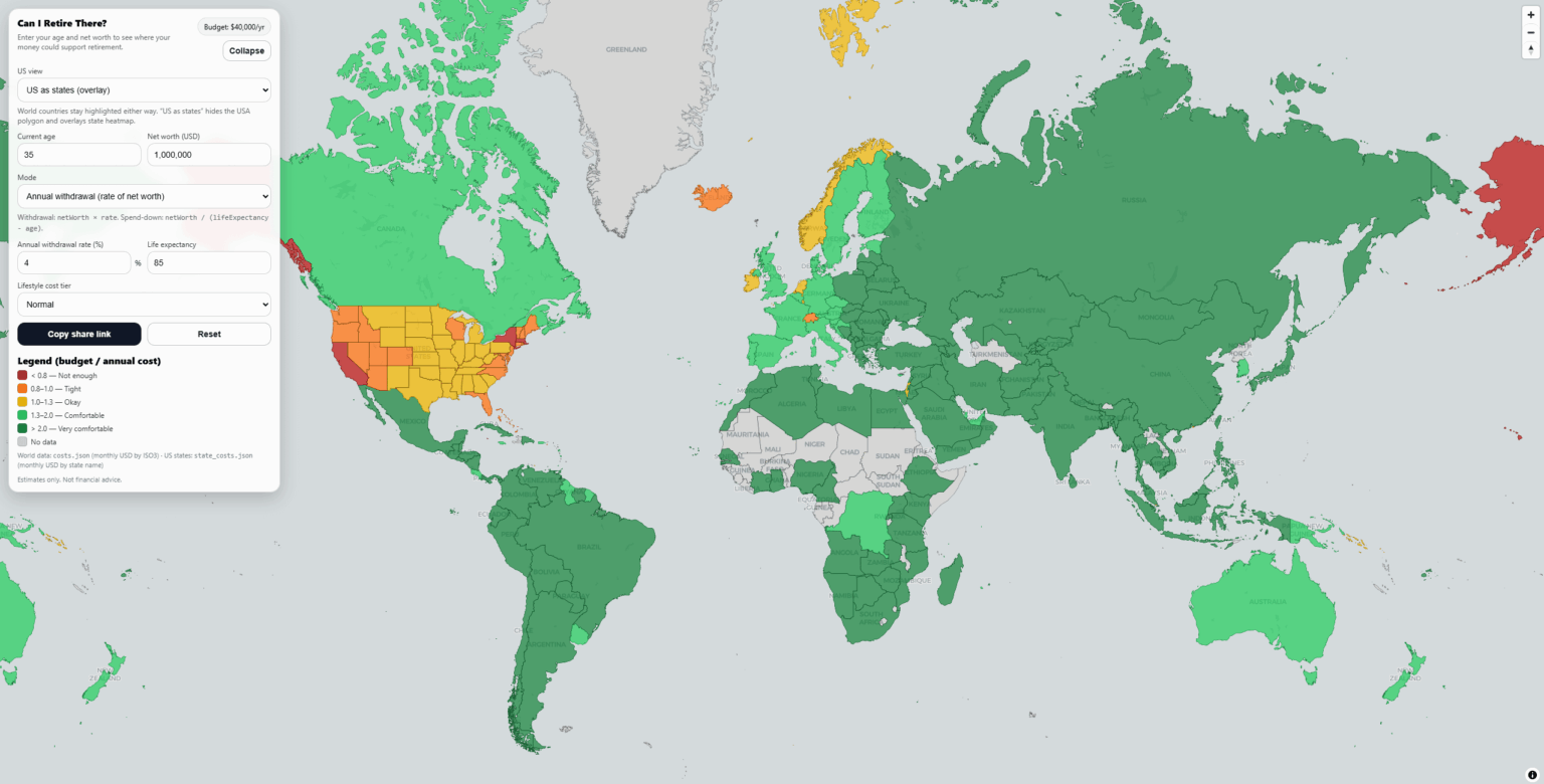 Interactive Map: Where you can retire based on net worth [OC]