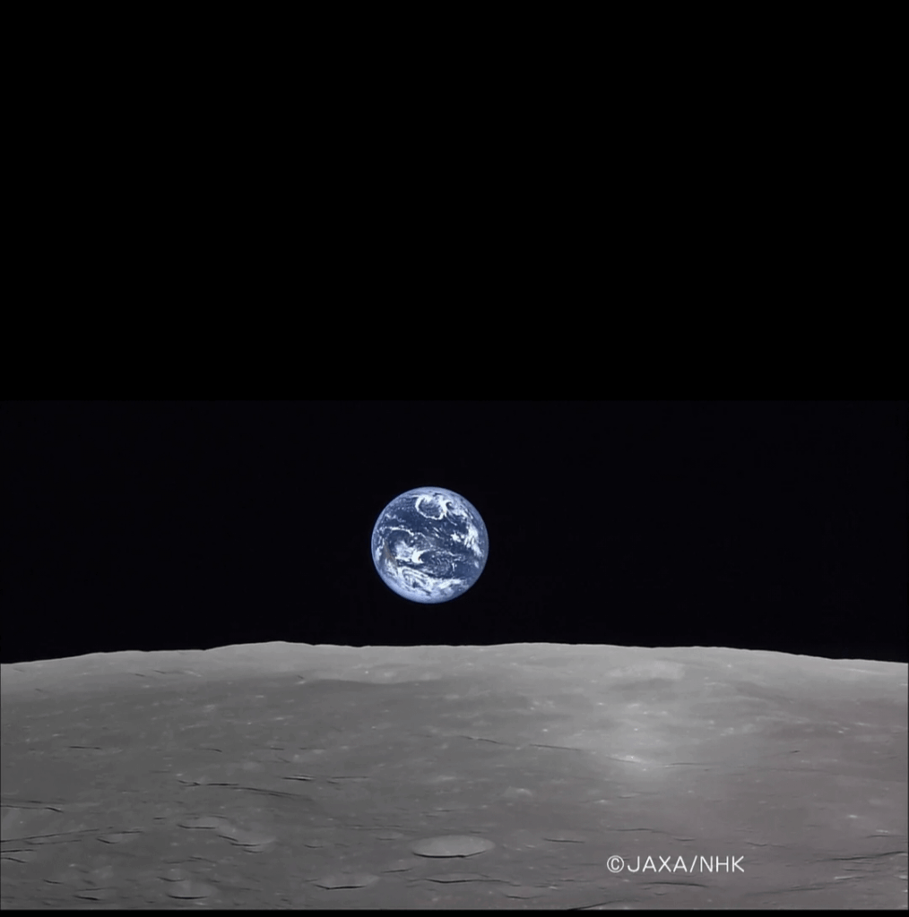 Real footage of Earth rising over the Moon captured by the Japanese lunar orbiter.